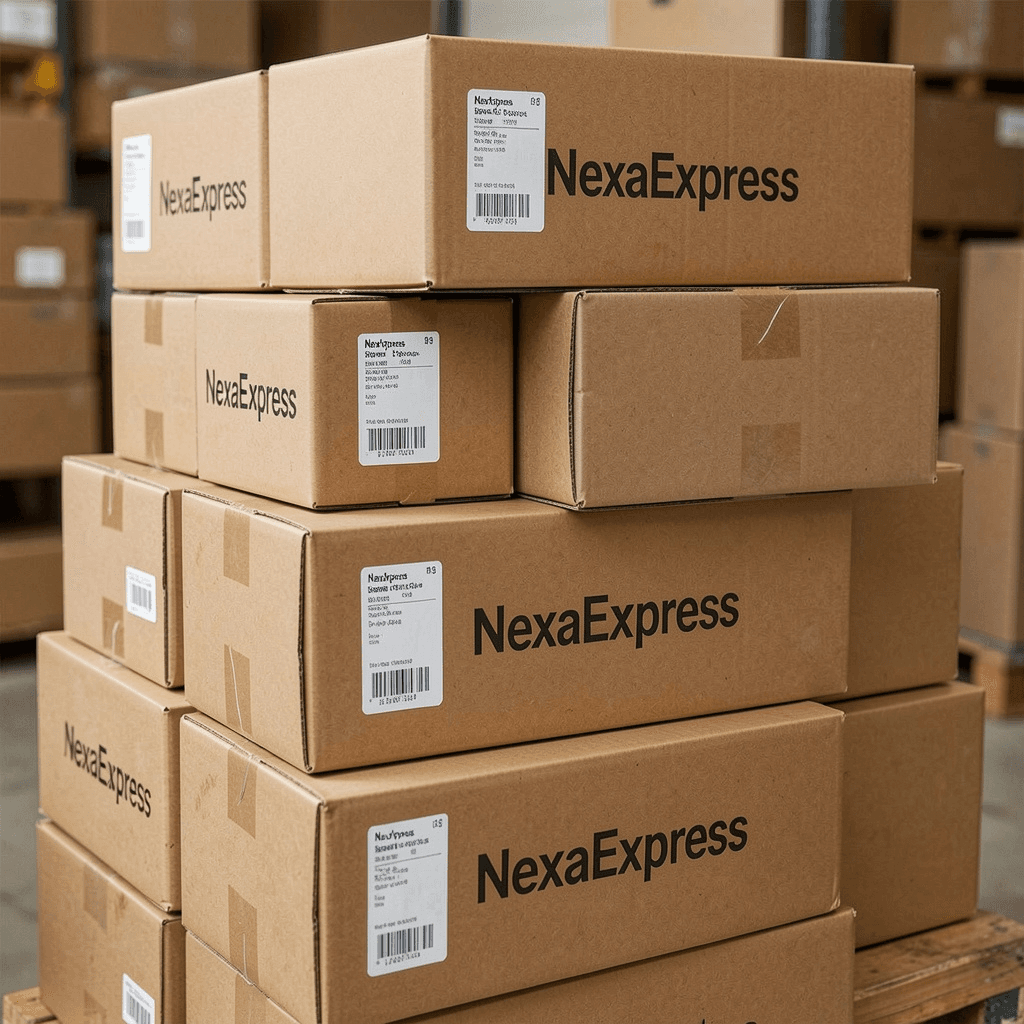 NexaExpress branded stack of labeled parcels